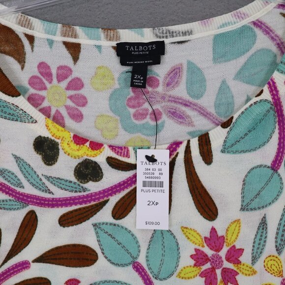New Tablots Pretty Cream Multicolored Floral Soft Merino Wool Sweater 2Xp Petite - Picture 2 of 5